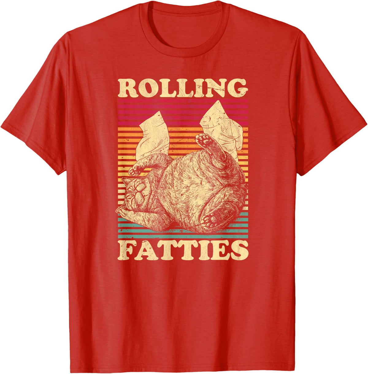Rolling Fatties Cat Funny Cute Cat Lover Retro Black T-Shirt - Red