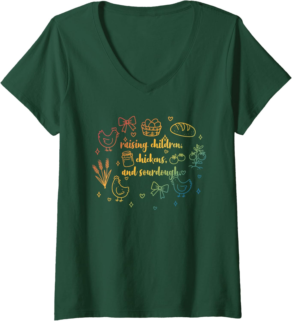 Women's Raising Children Chickens and Sourdough Funny Vintage Farm V-Neck T-Shirt - Dark Green
