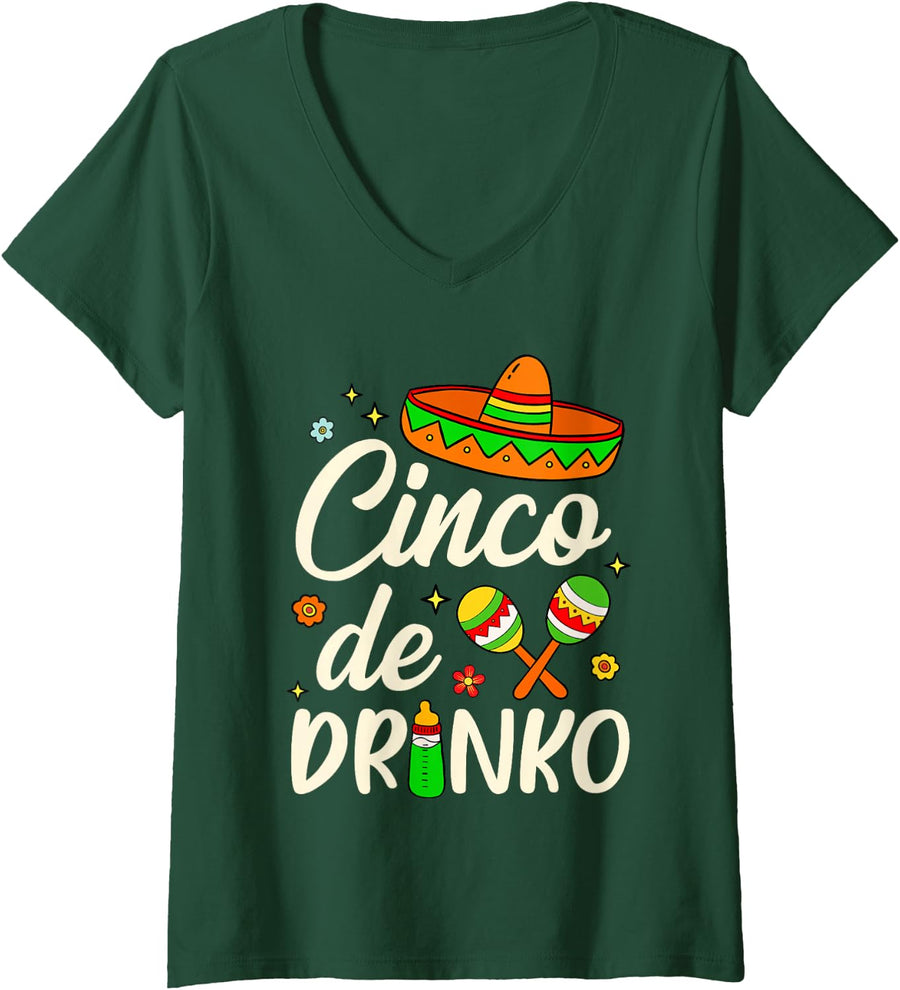 Women's Cinco De Drinko Milk Bottle Baby Cinco De Mayo Kids Toddler V-Neck T-Shirt - Dark Green