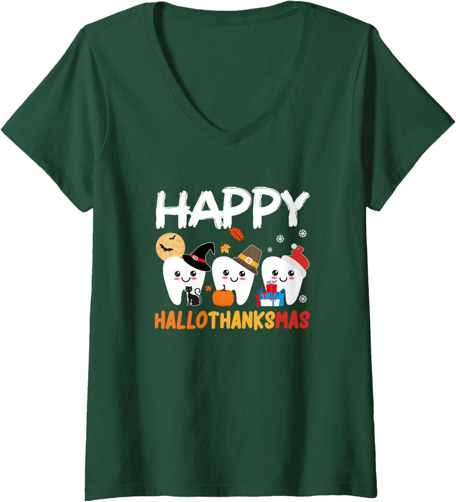 Women's Dentist Thanksgiving - Dental Hygienist Happy Hallothanksmas V-Neck T-Shirt - Dark Green