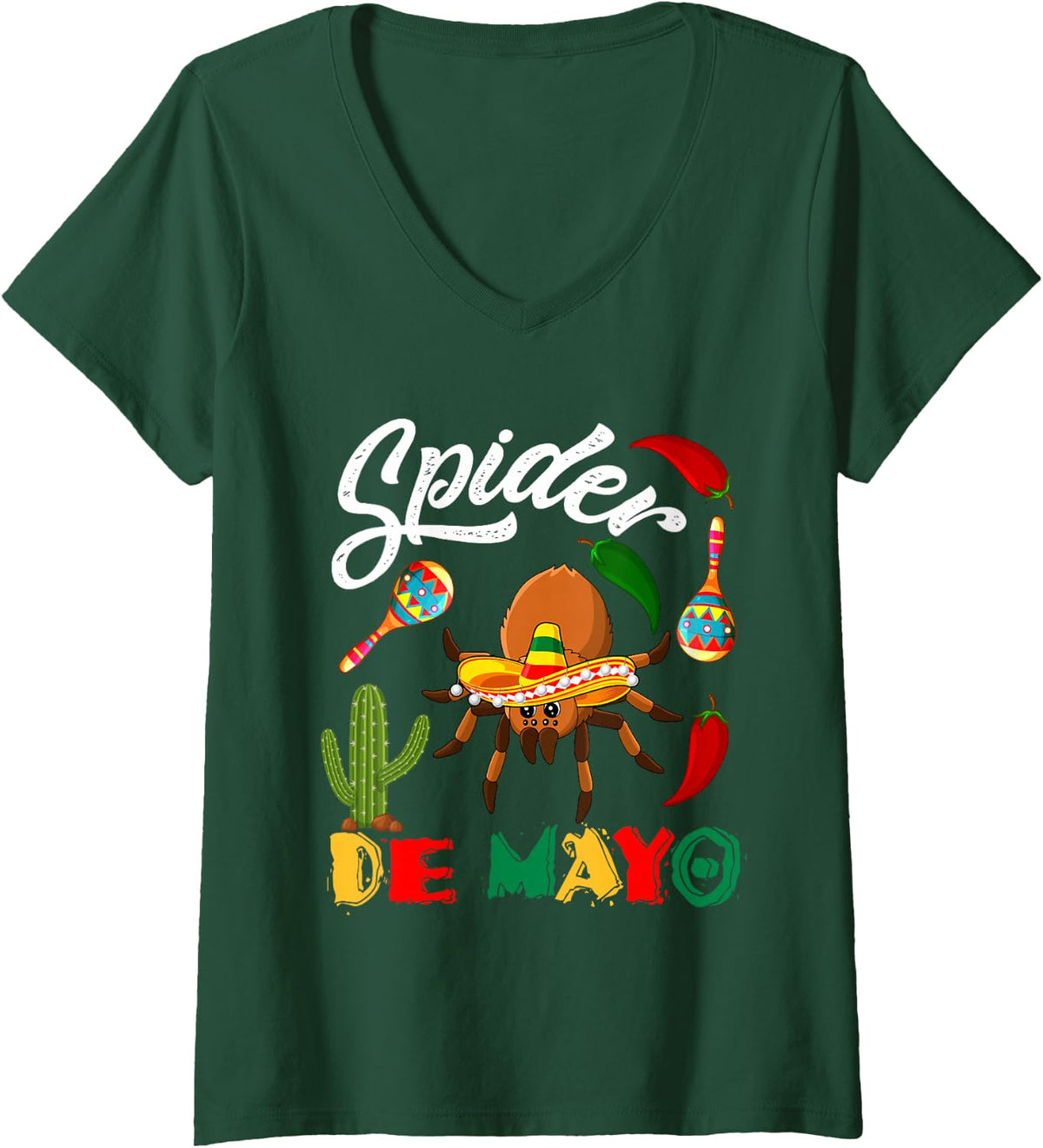 Women's Spider De Mayo Mexican Spider Sombrero Cinco De Mayo V-Neck T-Shirt - Dark Green
