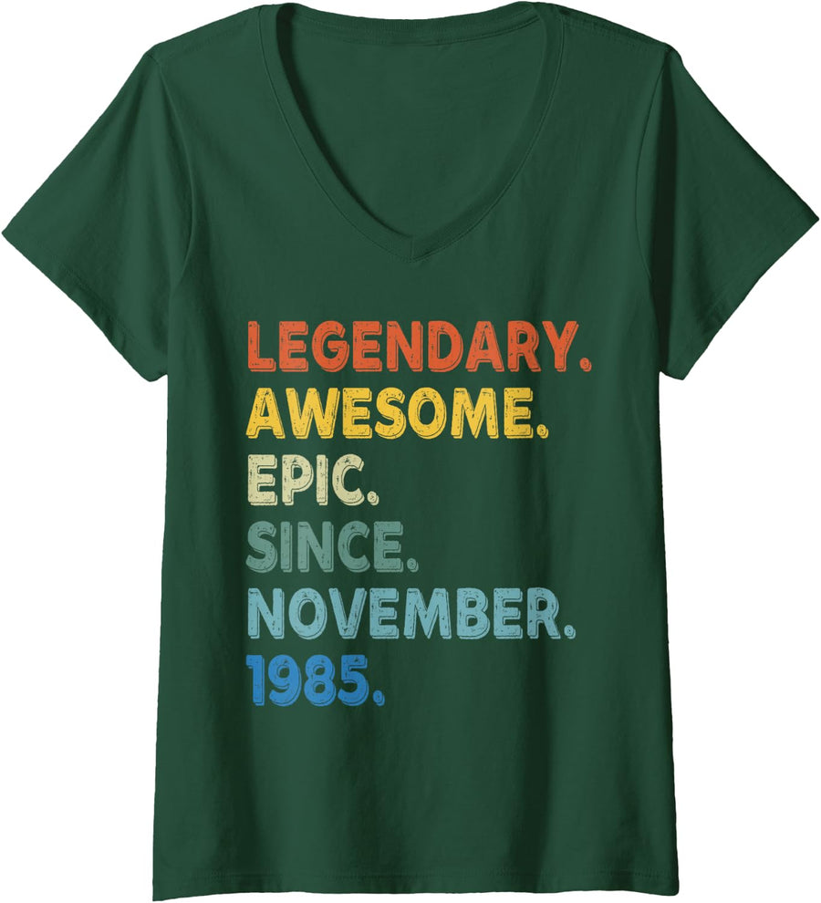 Women's Legendary Awesome Epic Since November 1985 Birthday Vintage V-Neck T-Shirt - Dark Green