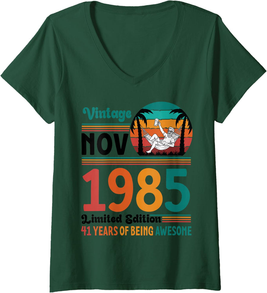 Women's Vintage November 1985 Ltd Edition 41 Years of Being Awesome V-Neck T-Shirt - Dark Green