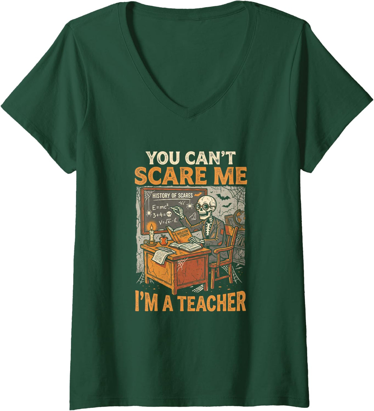 Women's You Can't Scare Me I'm A Teacher Halloween Ghost V-Neck T-Shirt - Dark Green