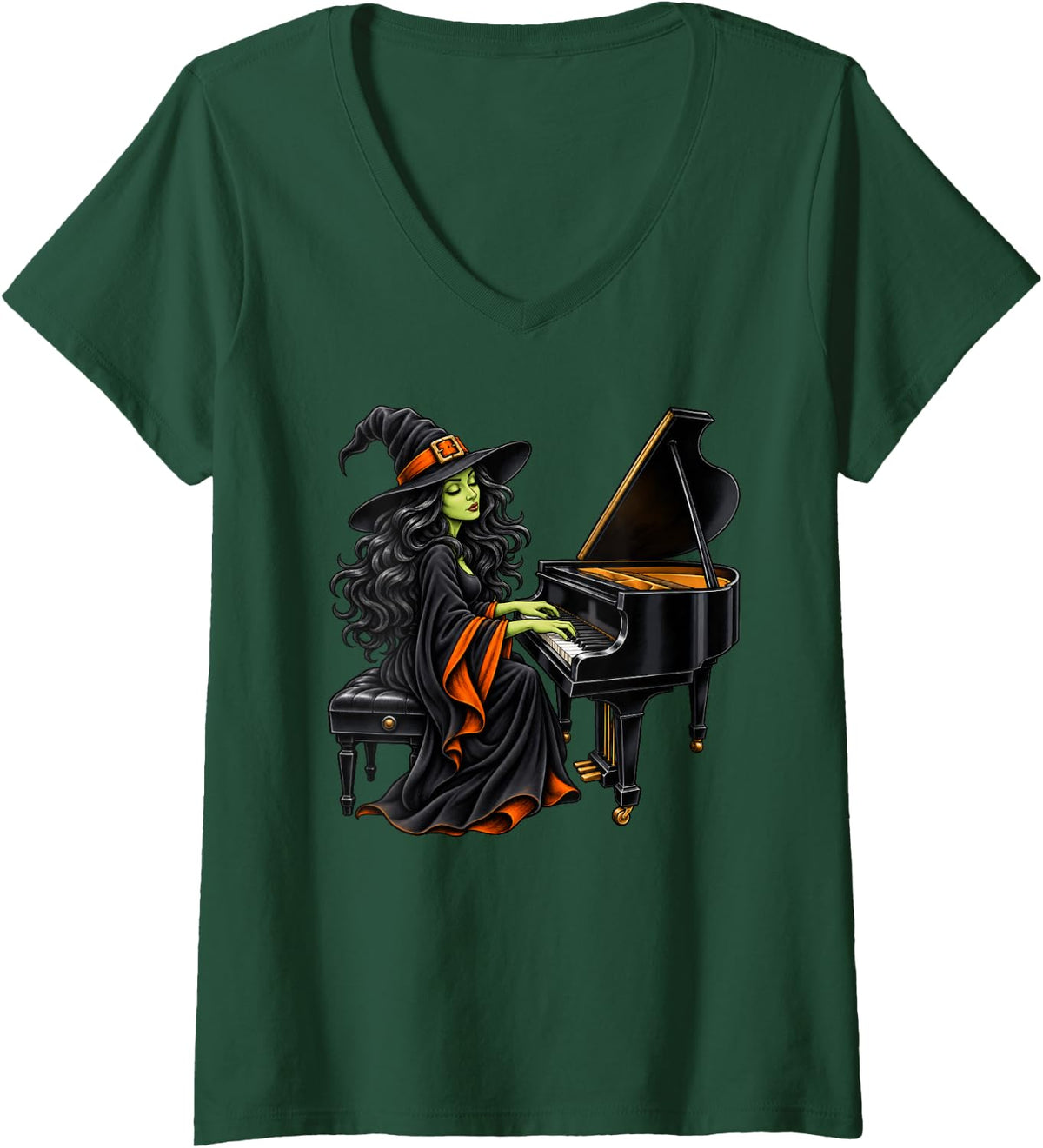 Women's Witch Playing Piano Musician Music Halloween V-Neck T-Shirt - Dark Green