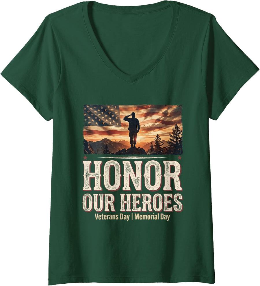 Women's Honor Our Heroes Veteran Day Memorial Day US Flag Patriotic V-Neck T-Shirt - Dark Green