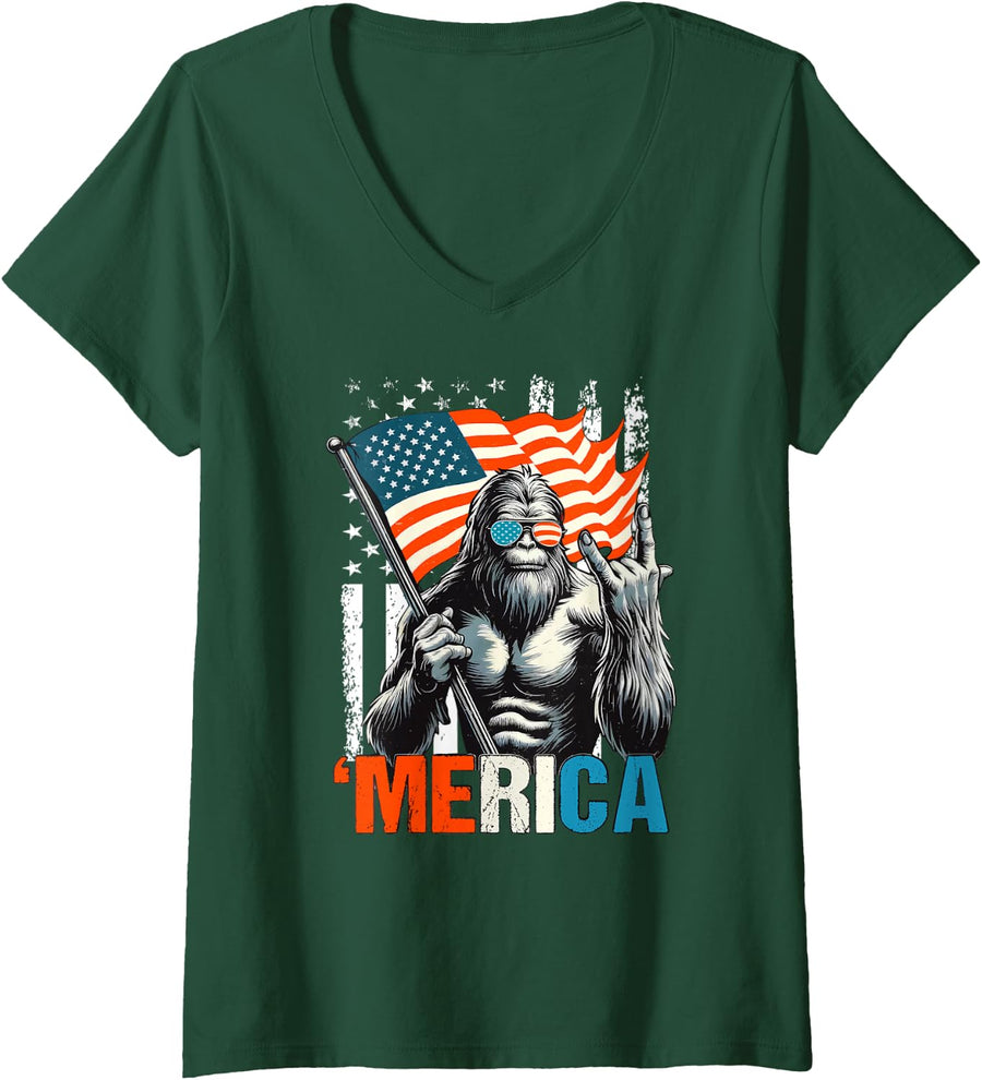 Women's Bigfoot Merica Rock USA Flag Patriotic Sasquatch 4th of July V-Neck T-Shirt - Dark Green