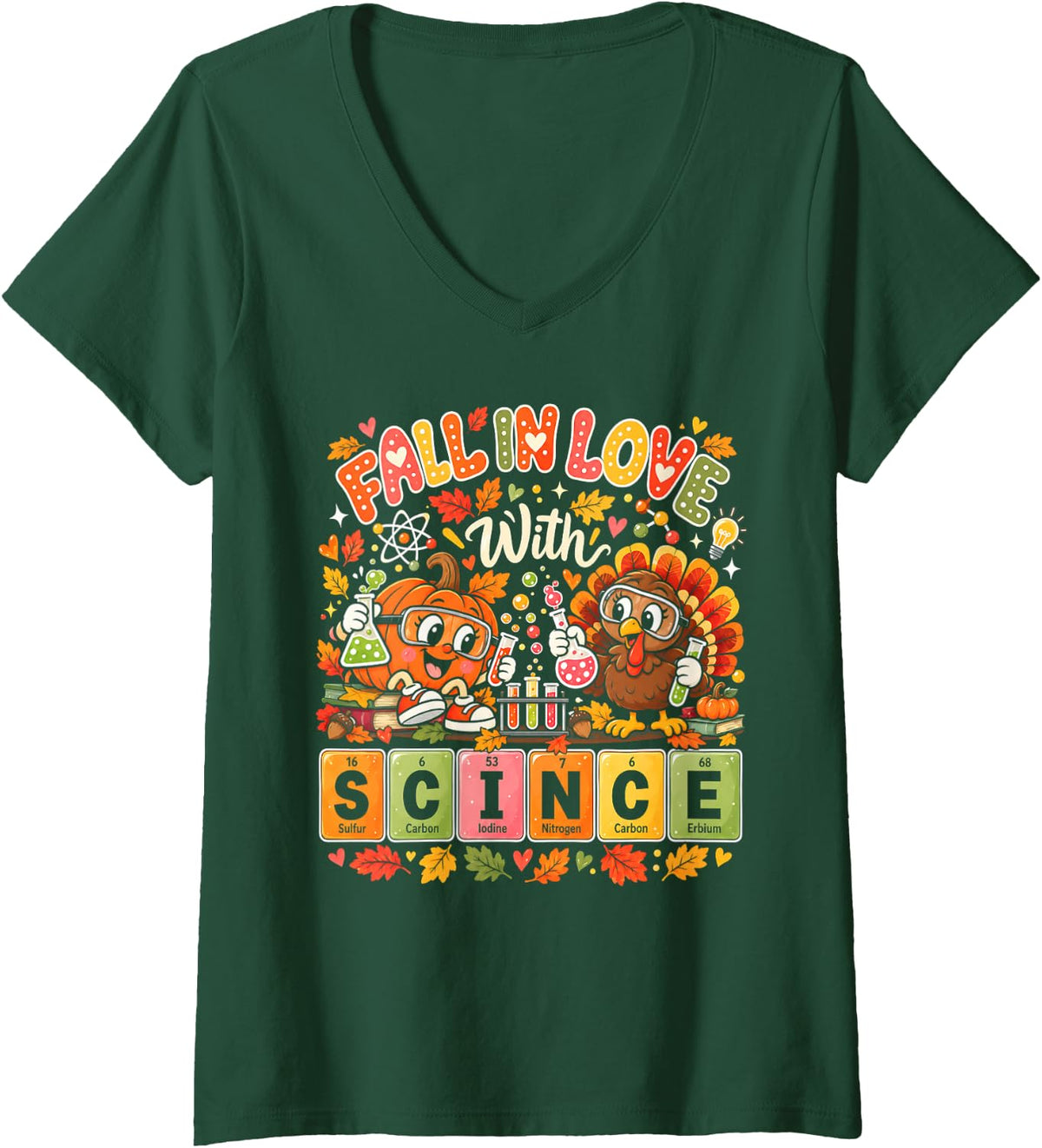 Women's Fall in Love with Science Thanksgiving Turkey STEM Teacher V-Neck T-Shirt - Dark Green