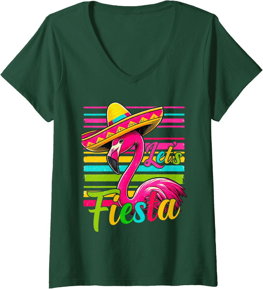 Women's Retro Let's Fiesta Flamingo Cinco De Mayo Mexican Party V-Neck T-Shirt - Dark Green
