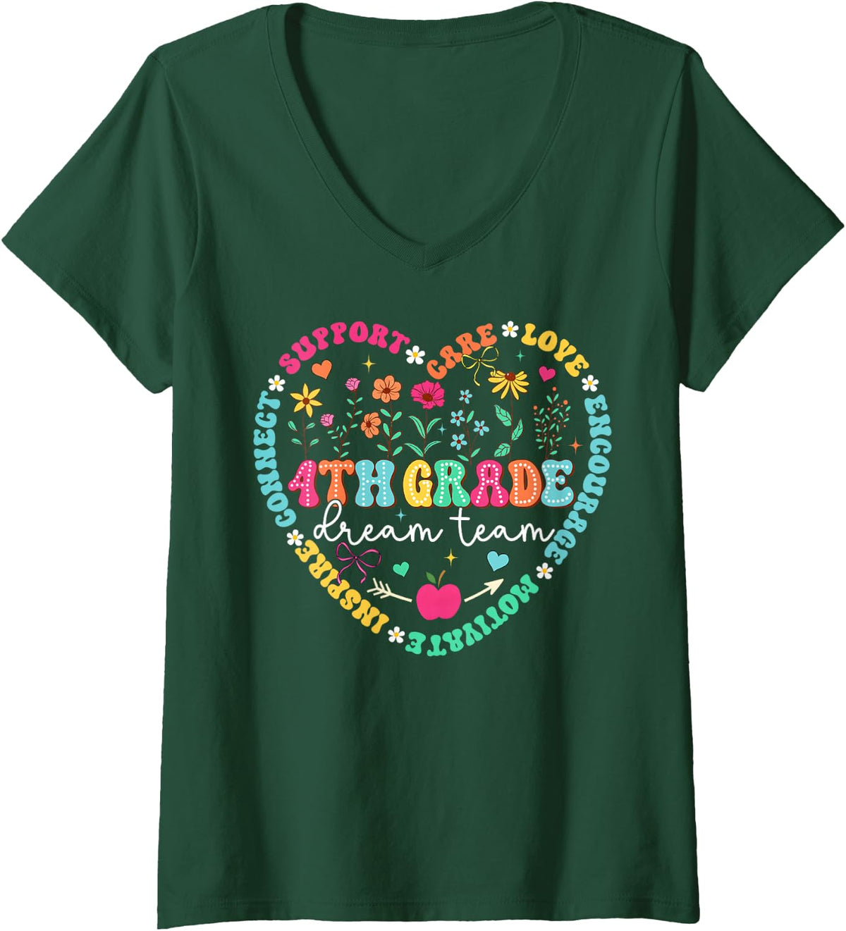Women's 4th Grade Dream Team Floral Back to School Student Teacher V-Neck T-Shirt - Dark Green