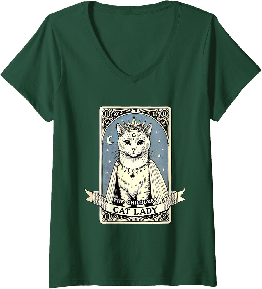 Women's The Childless Cat Lady for Kamala Tarot Card V-Neck T-Shirt - Dark Green