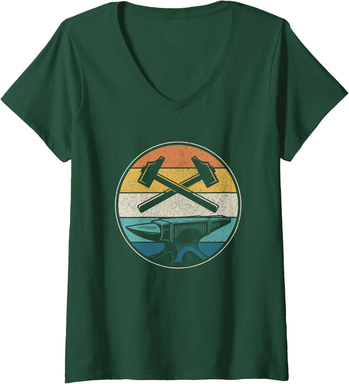 Women's Blacksmith Vintage Hammer Anvil Blacksmithing Forging V-Neck T-Shirt - Dark Green