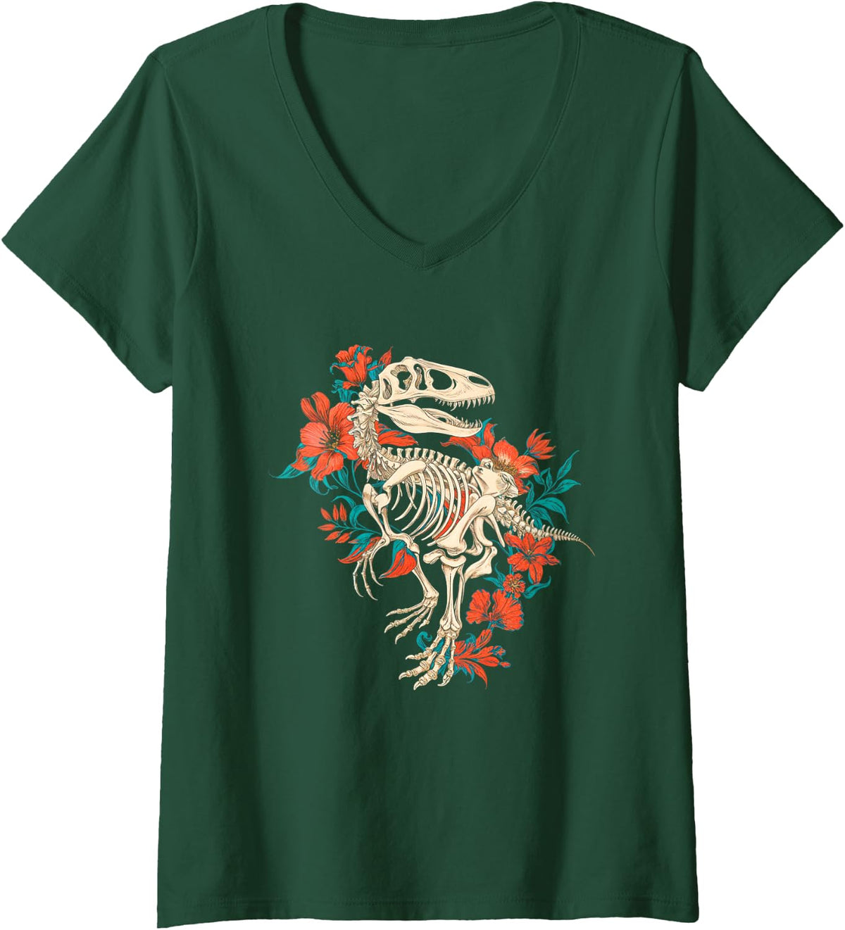 Womens Rex Skeleton Dinosaur Bones Flowers Paleontology V-Neck T-Shirt - Dark Green