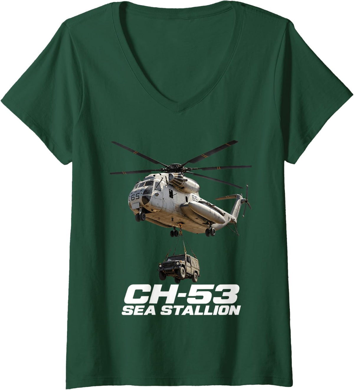 Women's Ch-53 Sea Stallion Military Helicopter Carrying Vehicle V-Neck T-Shirt - Dark Green