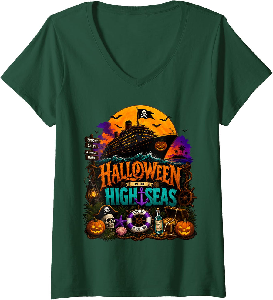 Women's Spooky Vacation Cruise Halloween on the High Seas V-Neck T-Shirt - Dark Green