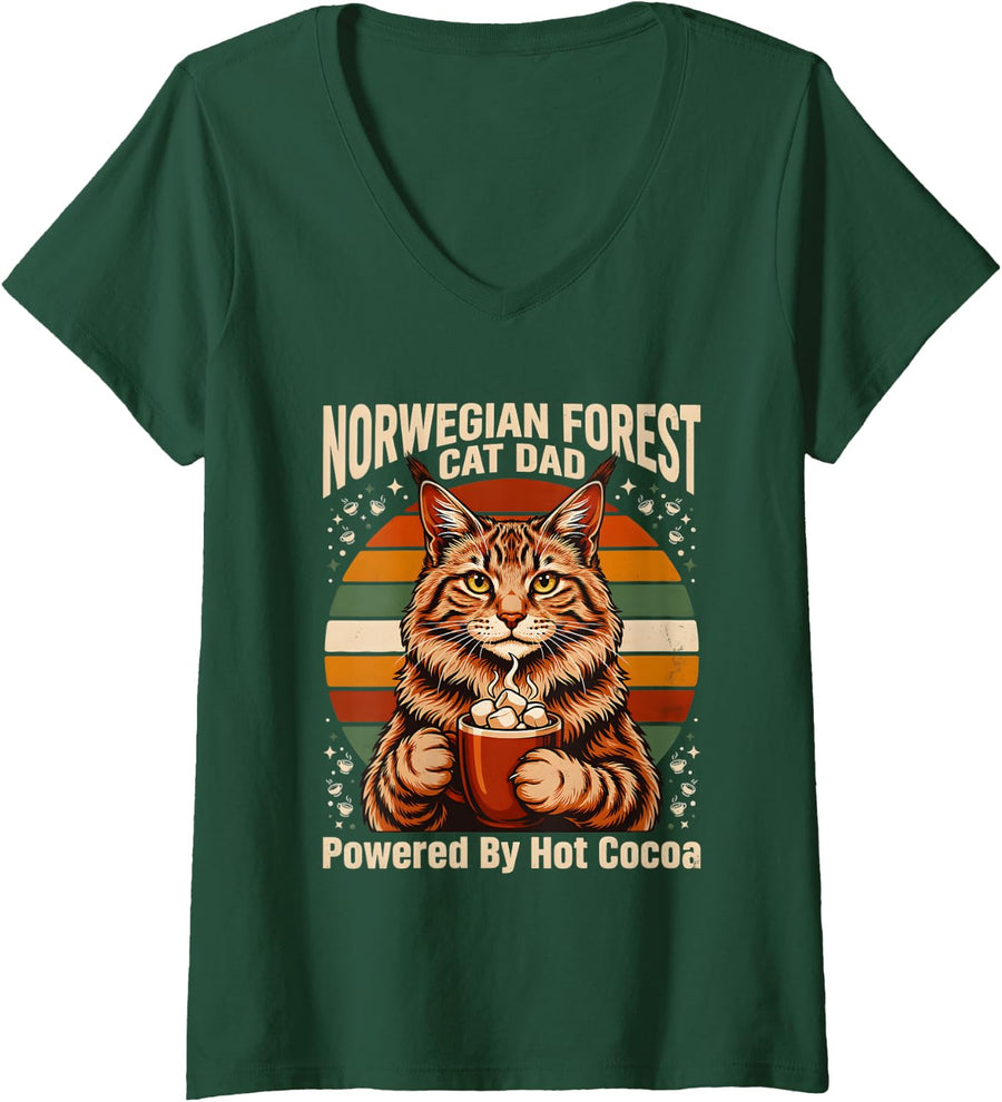 Women's Norwegian Forest Cat Dad Powered By Hot Cocoa V-Neck T-Shirt - Dark Green
