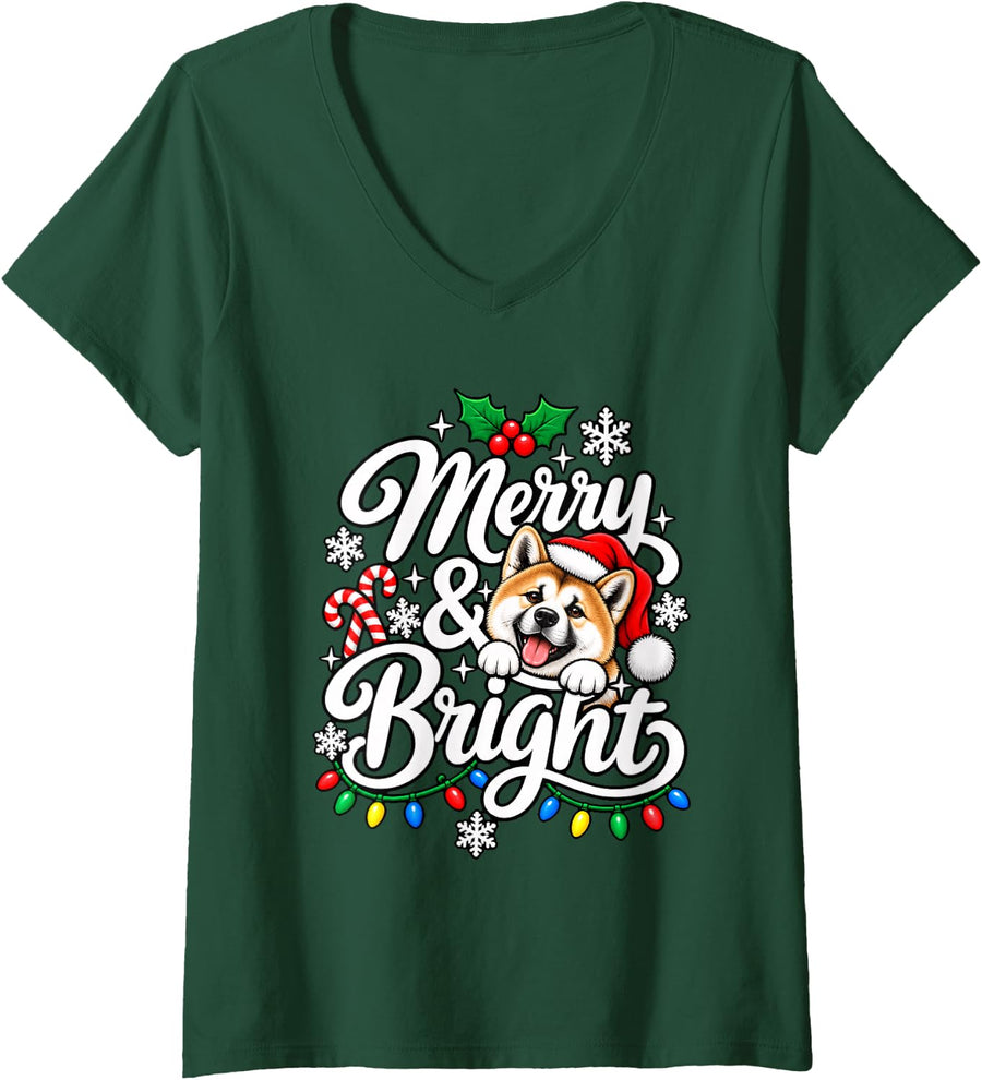 Women's Akita Merry Bright Christmas Dog Lover Xmas Mom V-Neck T-Shirt - Dark Green