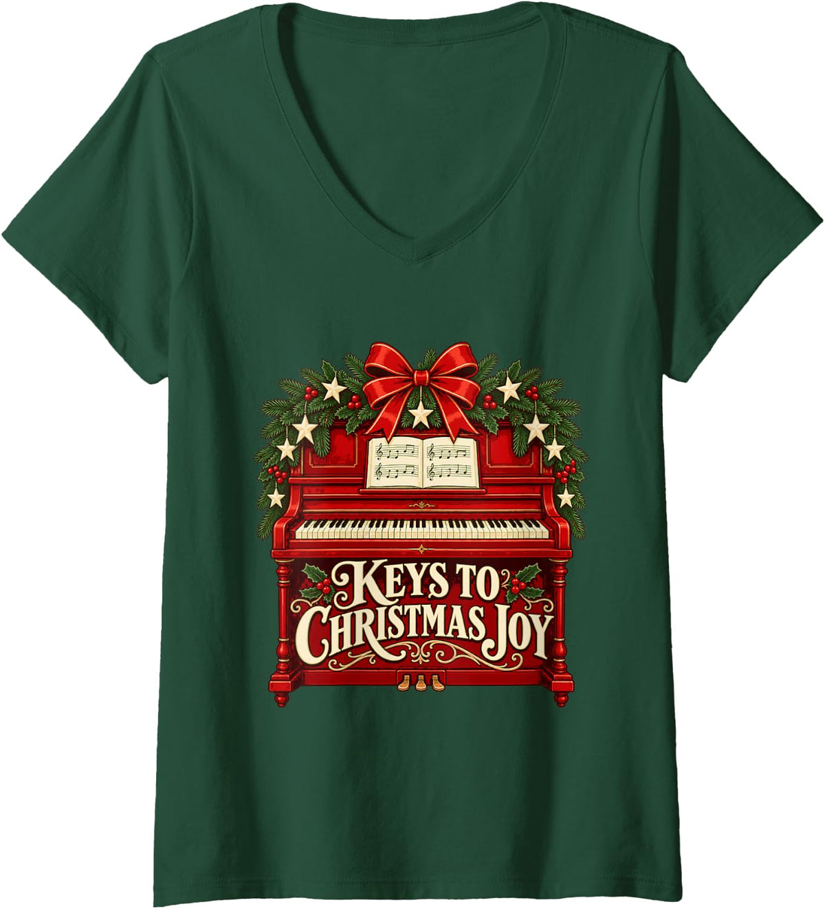Women's Christmas Piano with Evergreen Garland and Music V-Neck T-Shirt - Dark Green