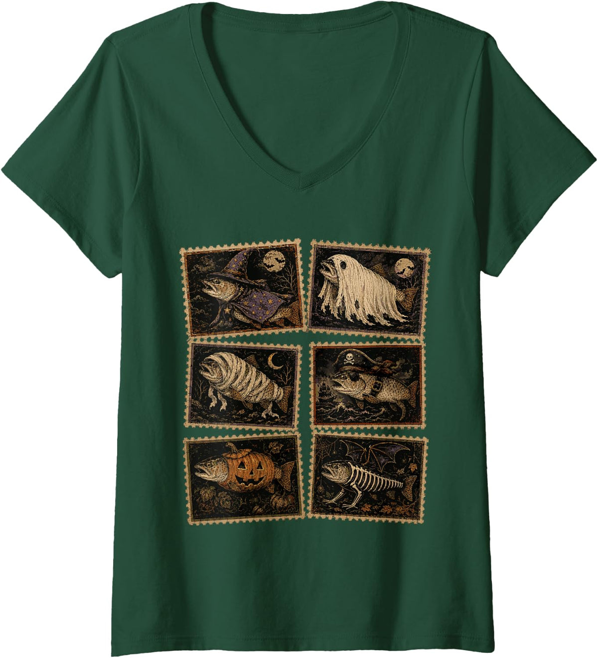 Women's Halloween Trout Fish Ghost Pumpkin Skeleton Spooky Fishing V-Neck T-Shirt - Dark Green