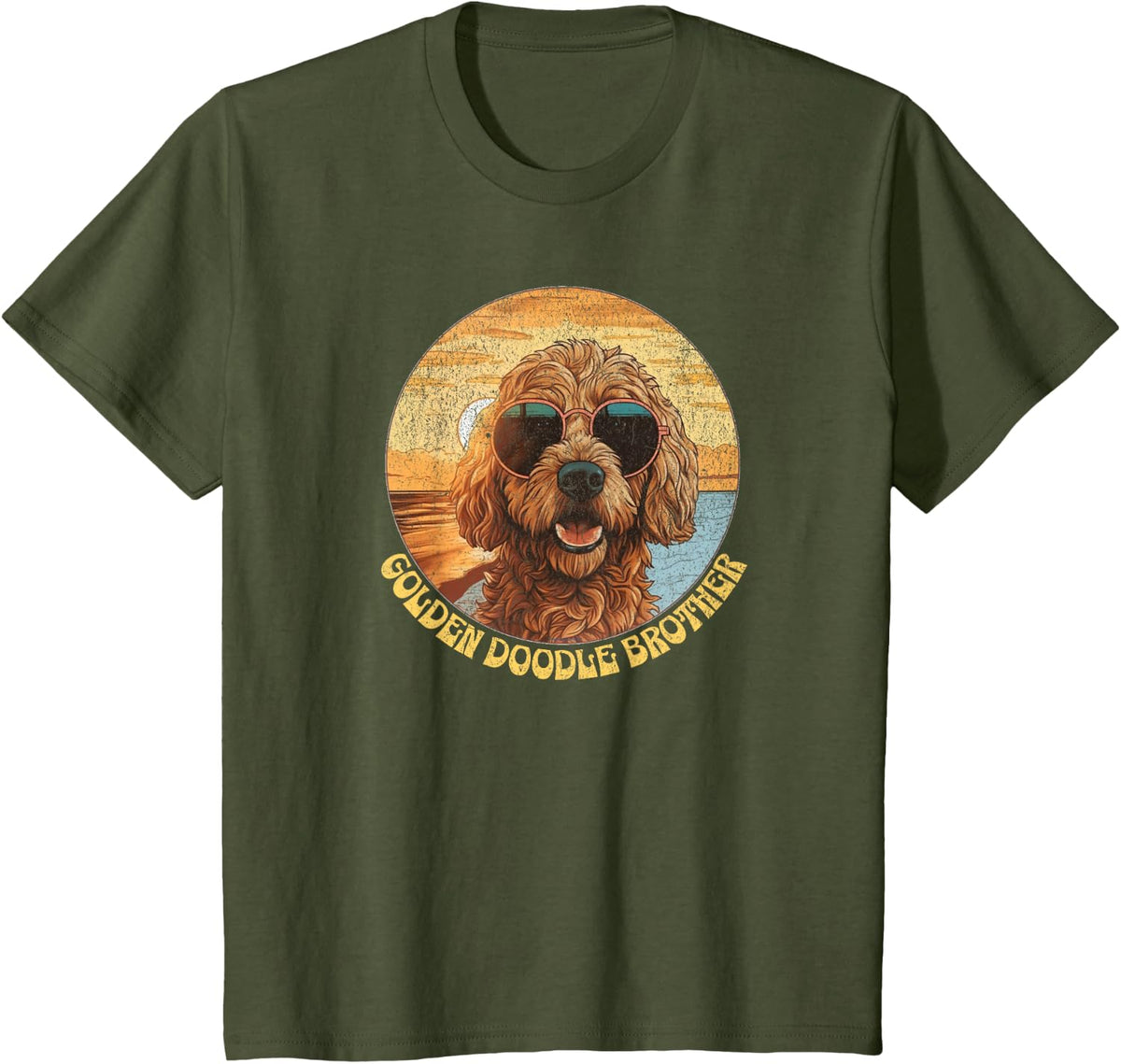 Golden Doodle Brother, Cool Sunglasses, Sunset, Beach, Funny T-Shirt - Olive Green