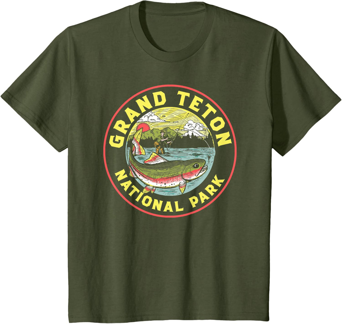 Grand Teton Fly Fishing Artistic Trout Fisherman Graphic T-Shirt - Olive Green