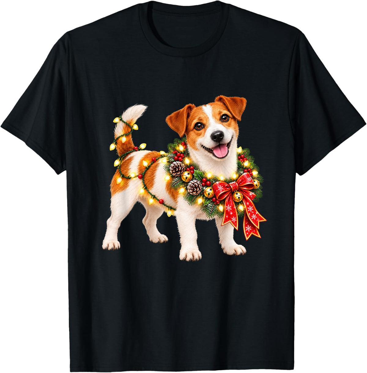 Jack Russell Terrier Christmas Wreath Decoration Xmas T-Shirt - Black
