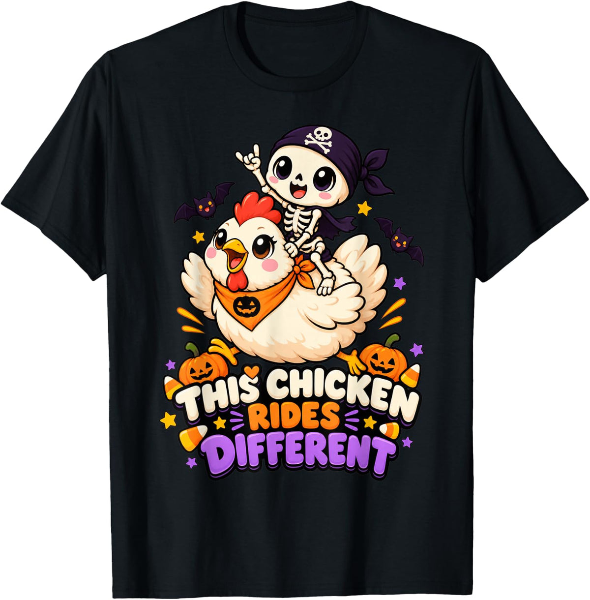 Chicken Rides Different Funny Riding Skeleton Halloween T-Shirt - Black