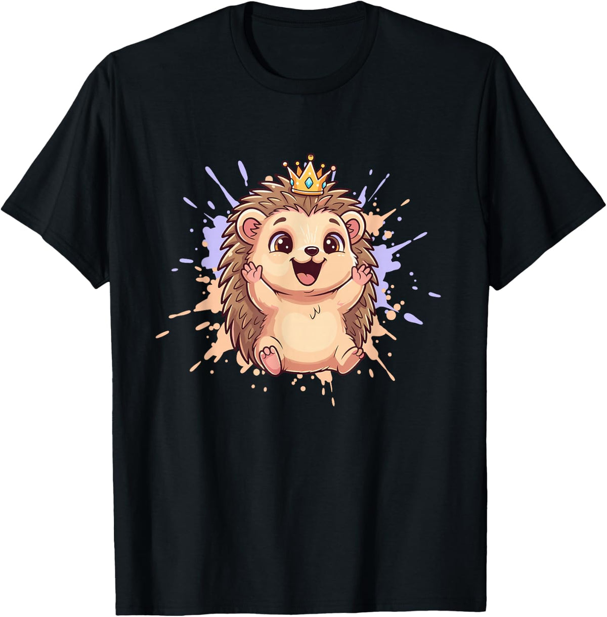 Kawaii Hedgehog Royal Crown Cute Animal T-Shirt - Black