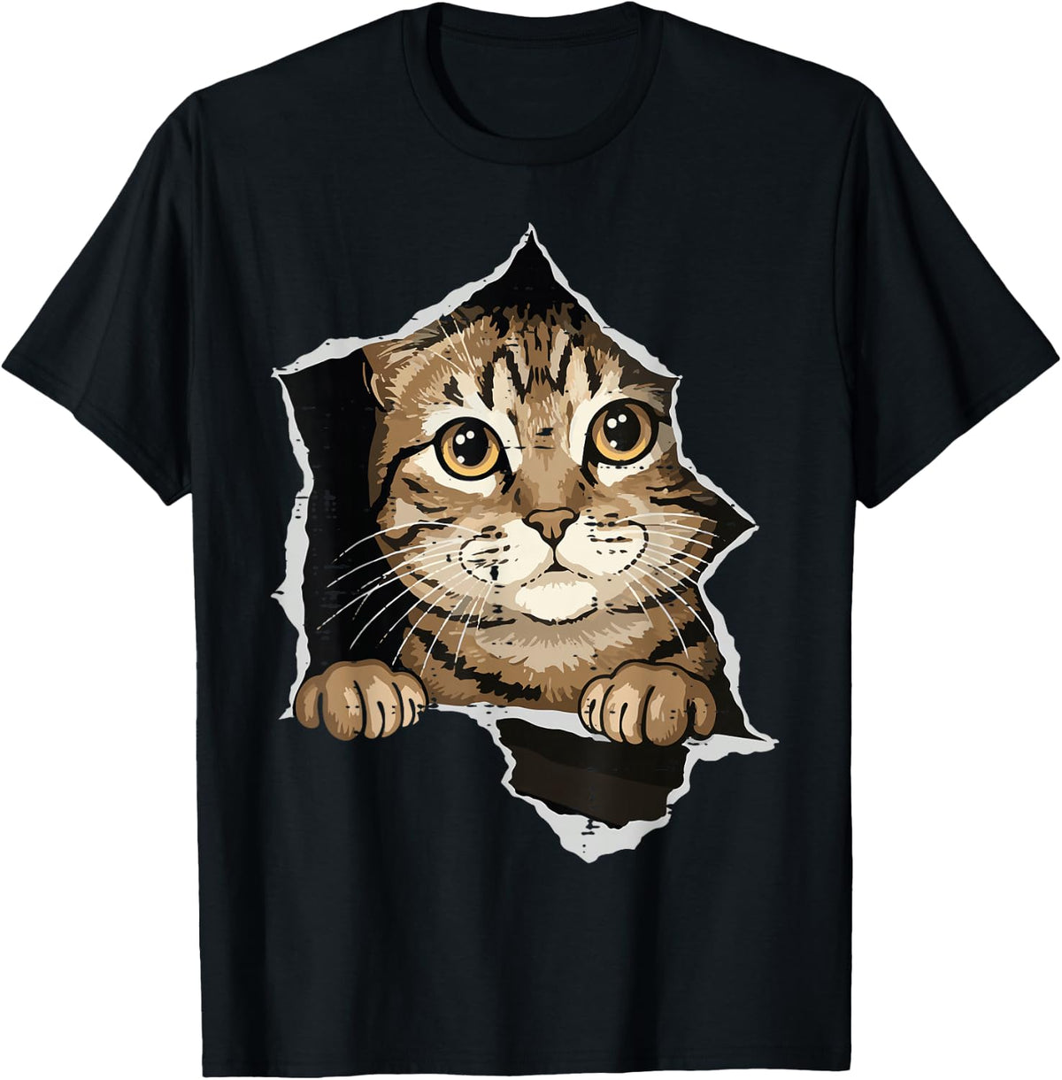 Cat Peeking Torn Paper Cute Kitten Kitty Women Girls Kids T-Shirt - Black