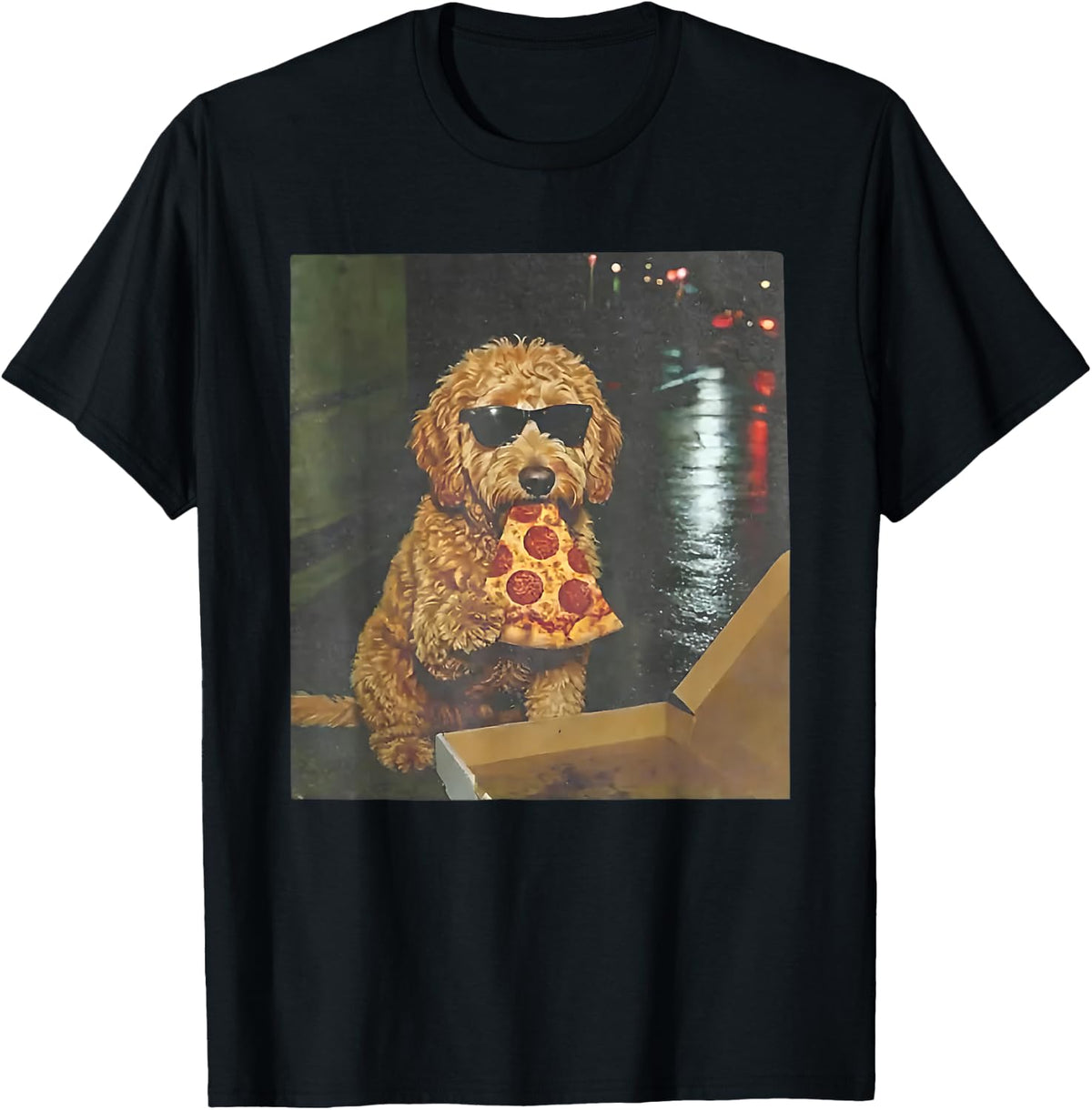 Dog Eating Pizza Funny Goldendoodle Meme T-Shirt - Black