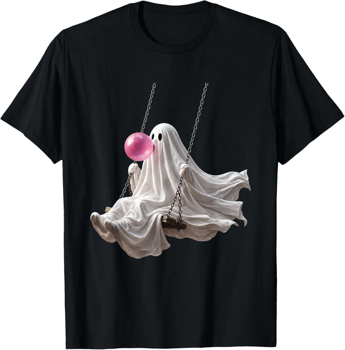 Bubble Gum Ghost On Swing Cute Halloween Spooky Season T-Shirt - Black