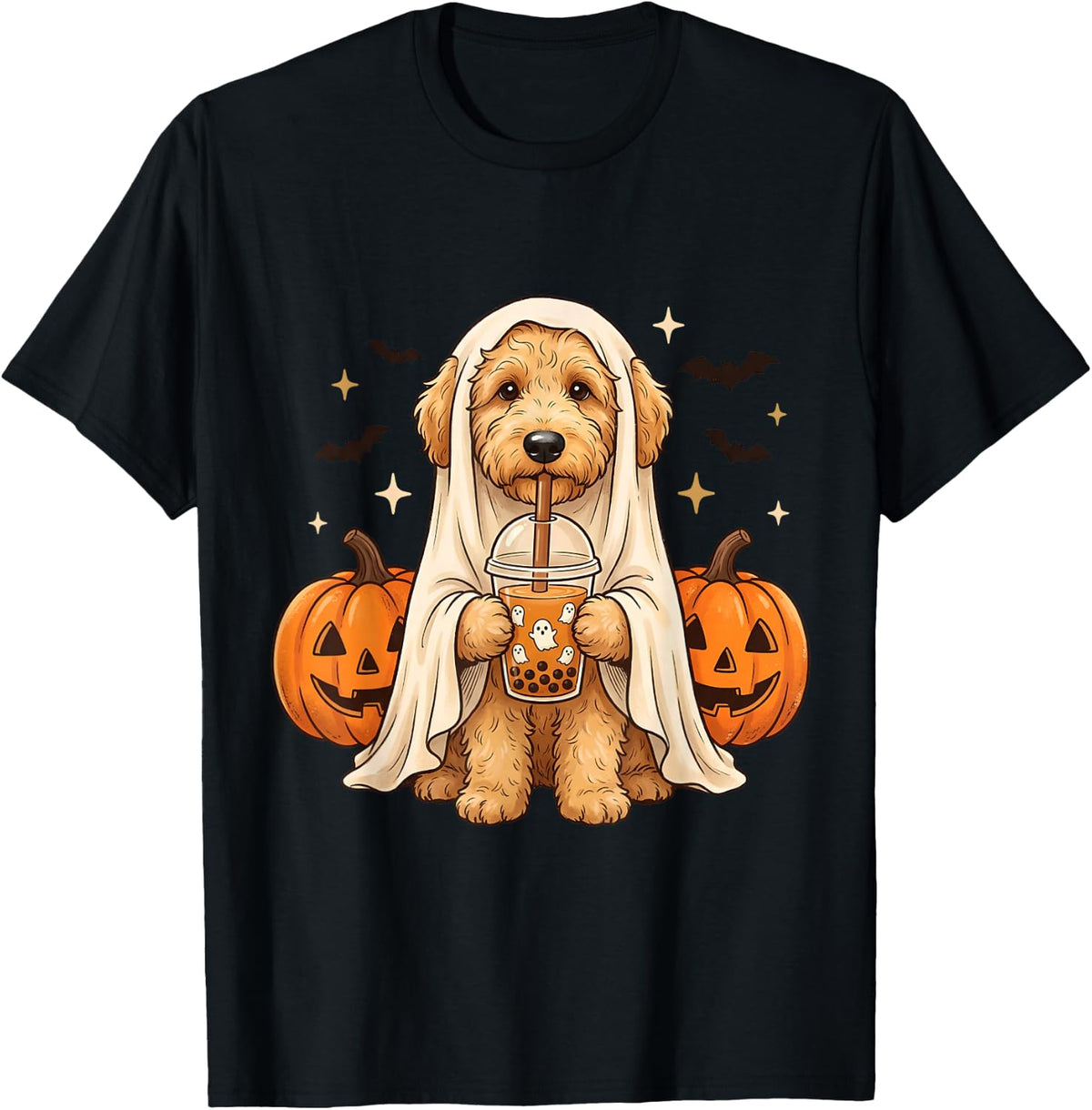 Goldendoodle Ghost and Boba Cute Halloween Dog T-Shirt - Black