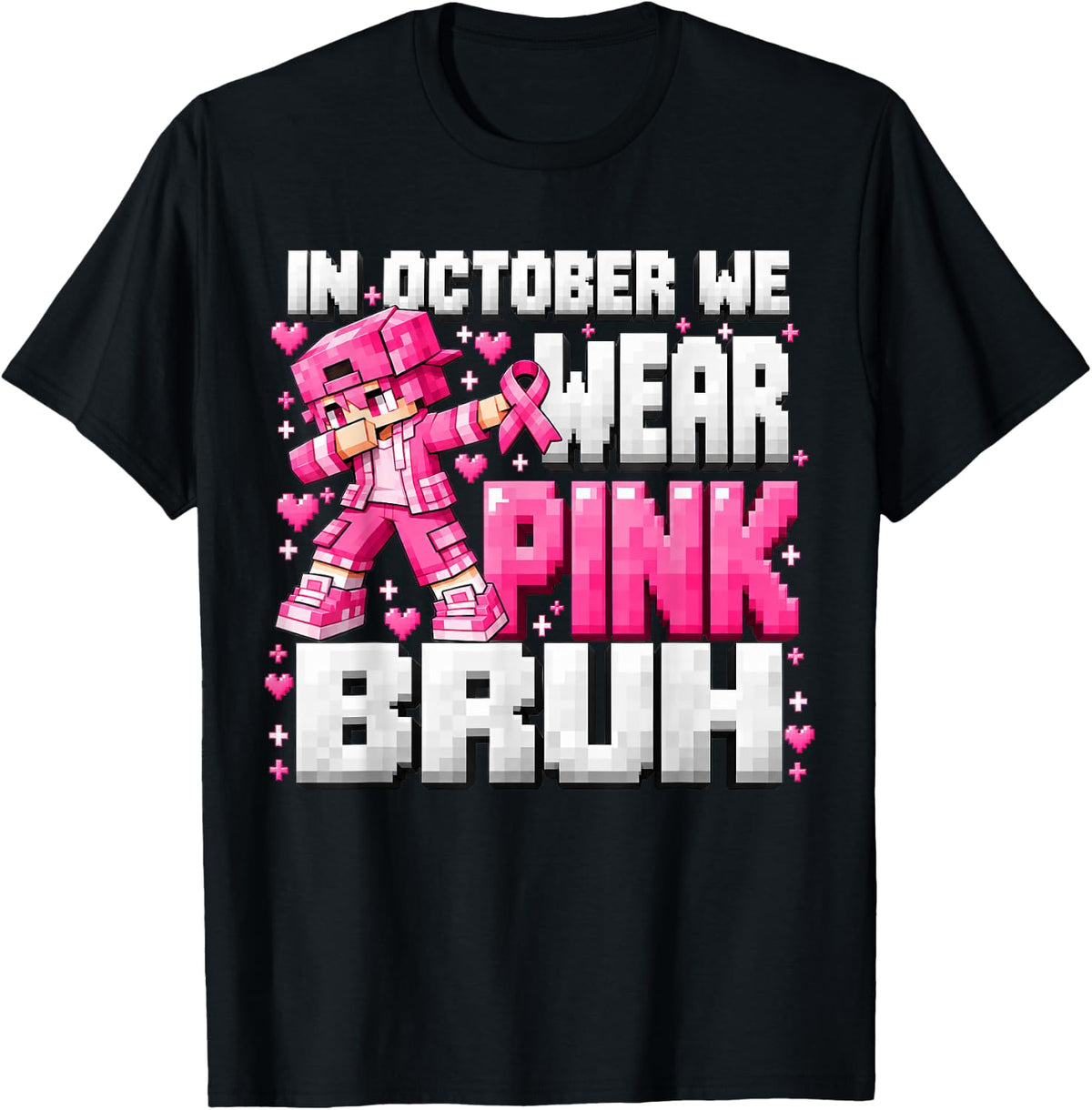 October We Wear Pink Bruh Pixel Breast Cancer Awareness Boys T-Shirt - Black