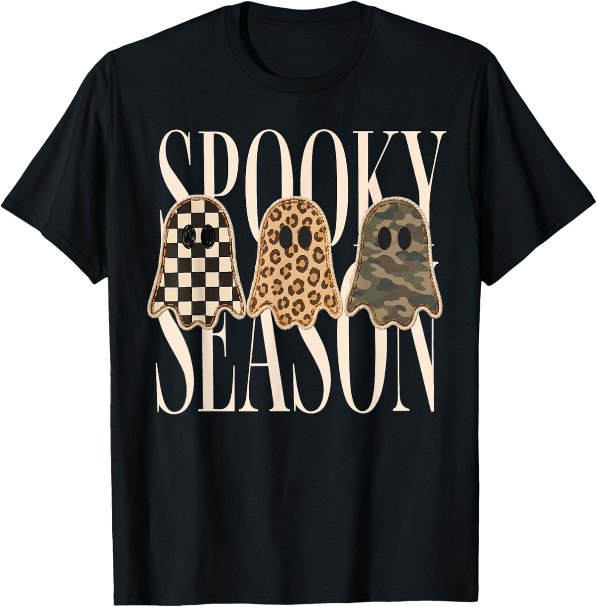 Retro Vintage Spooky Season Leopard Camo Checkered Ghosts T-Shirt - Black