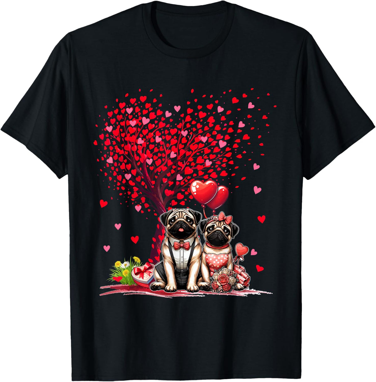 Couple Pugs Cotume Valentine's Day Tree Cute Hearts T-Shirt - Black