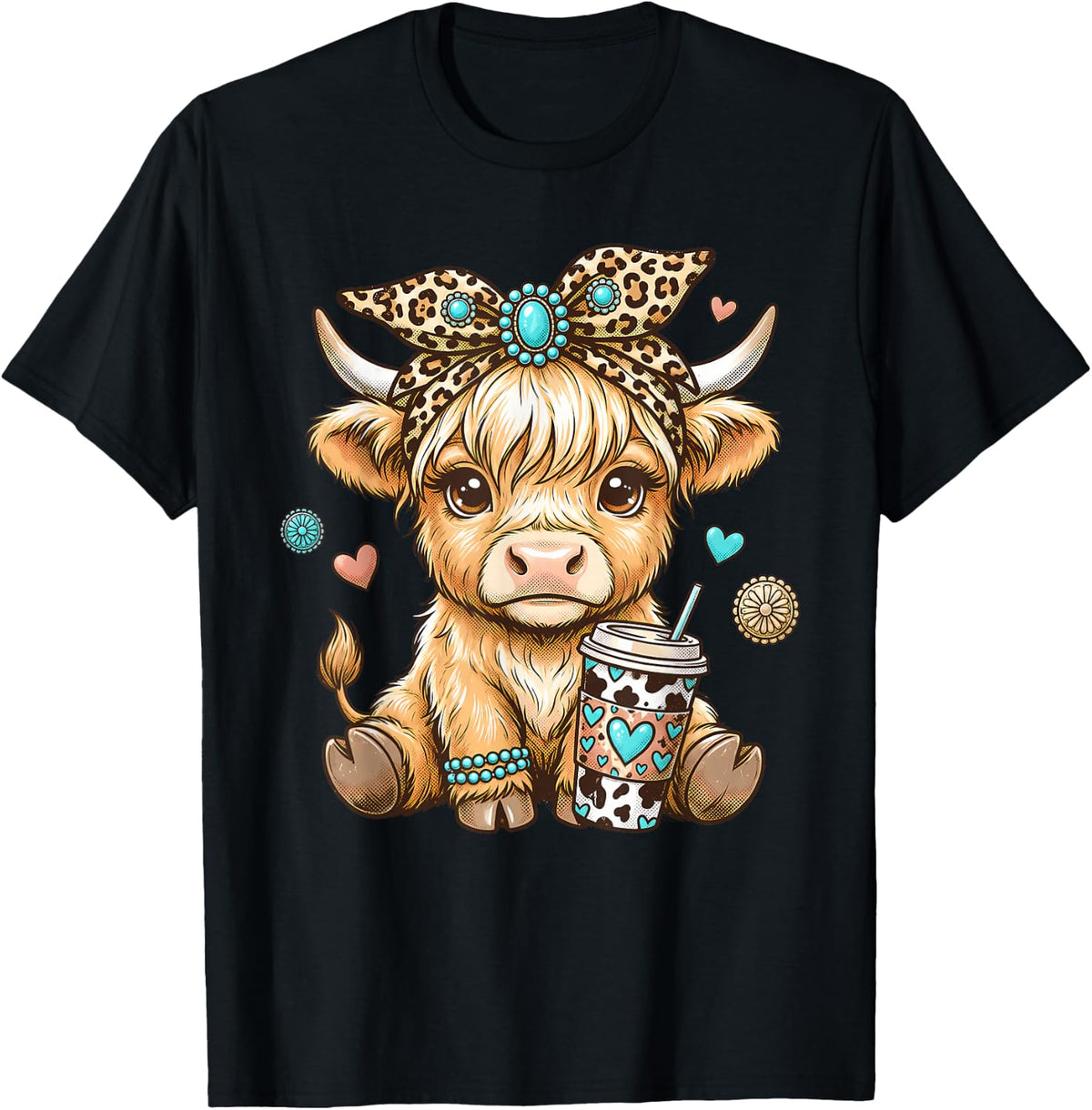 Cute Highland Cow Drink Coffee Leopard Bow Western Cowgirl T-Shirt - Black