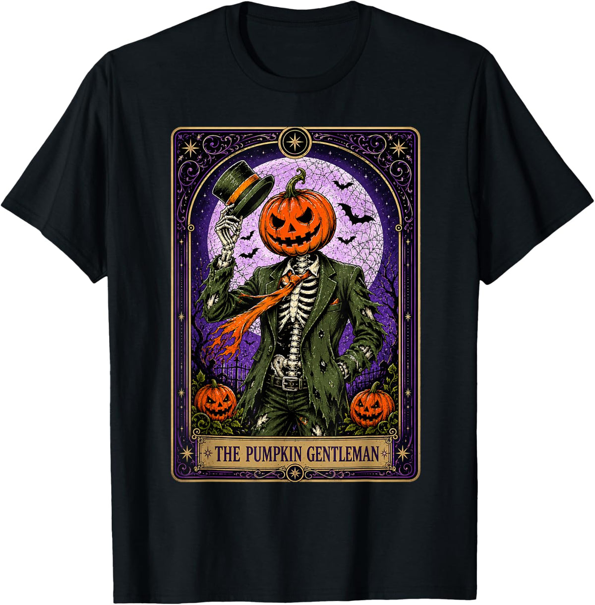 Halloween Pumpkin Head Skeleton Spooky Season Tarot Card T-Shirt - Black