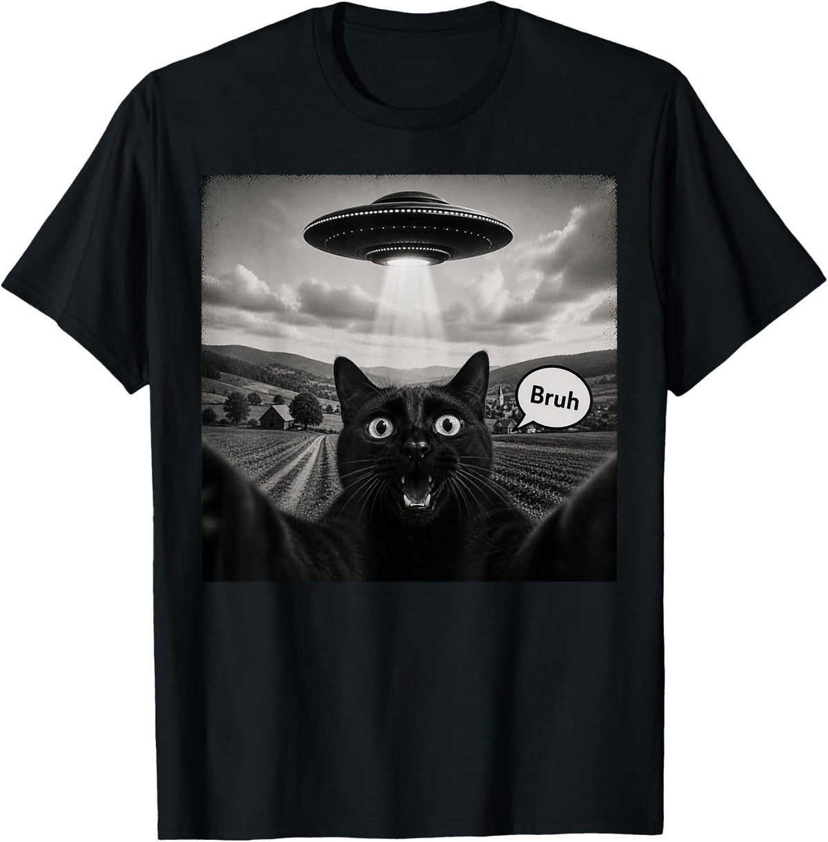Bruh Black Cat Selfie UFO Alien Spaceship Paranormal Meme T-Shirt - Black