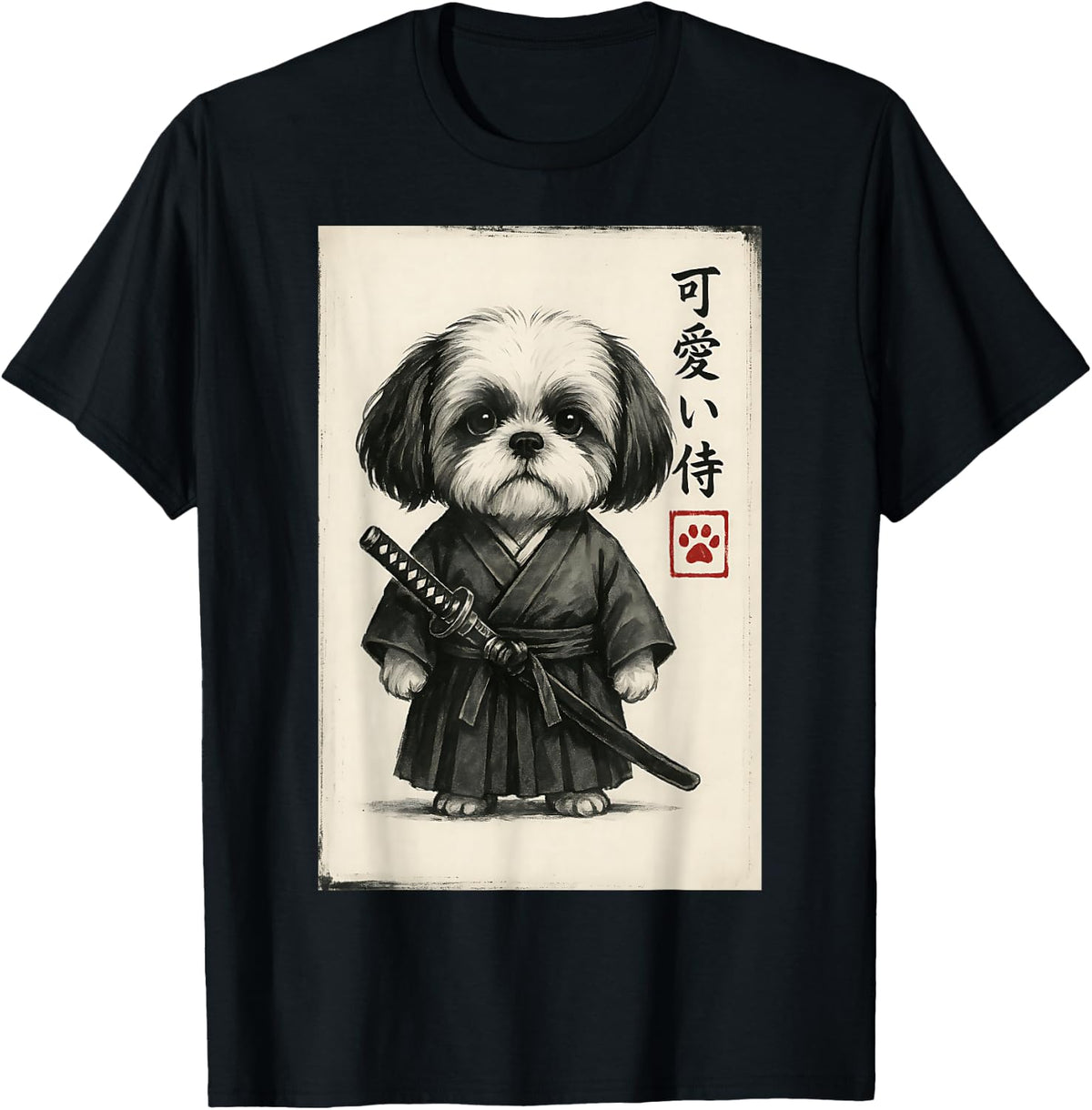 Shih Tzu Samurai Ink Art Sumi-e Style Novelty Kawaii T-Shirt - Black
