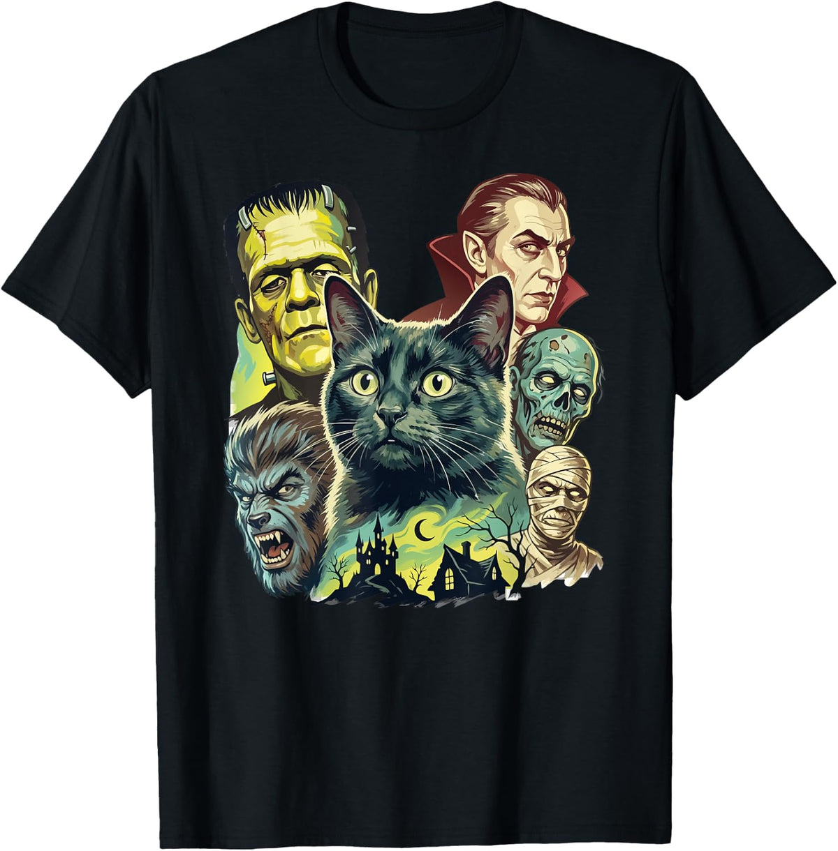 Black Cat Classic Horror Monsters Spooky Halloween Night T-Shirt - Black