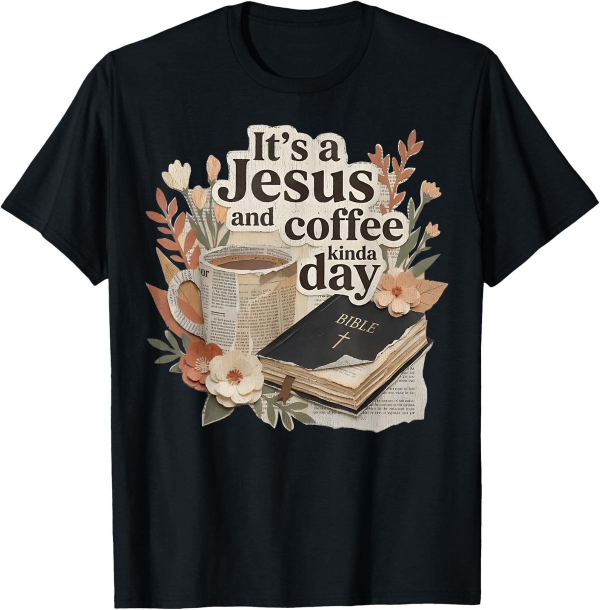 Jesus and Coffee Kinda Day Christian T-Shirt Bible Verse Retro Tees - Black