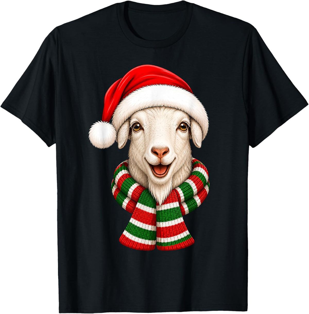 Goat Christmas Santa Hat Scarf Fun Goat Animal Lover Xmas T-Shirt - Black