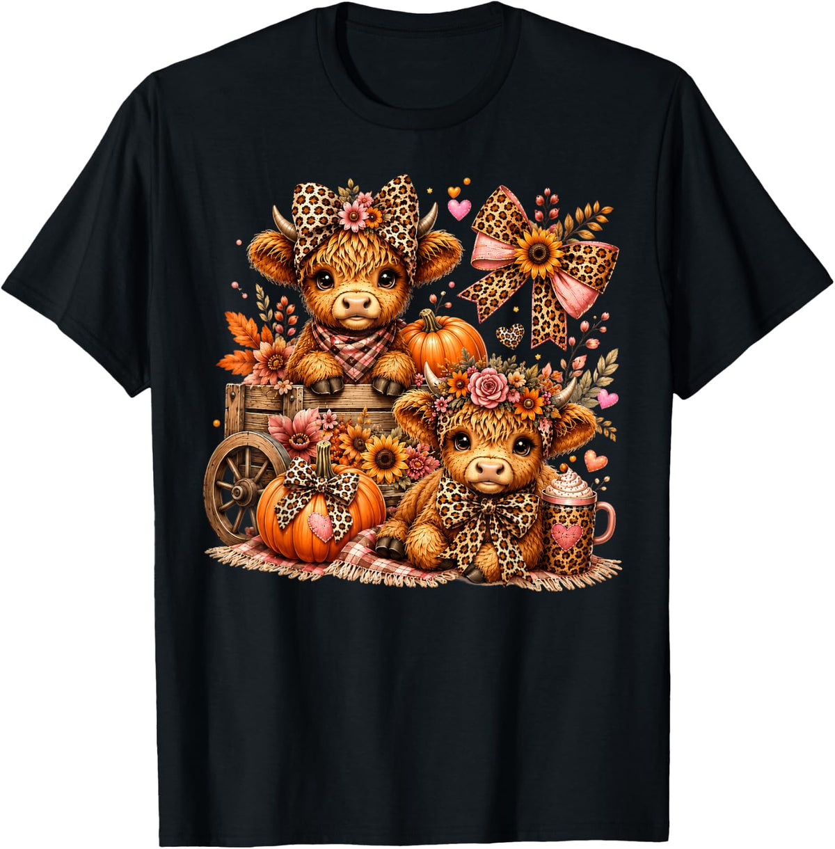Highland Cow Fall Shirt Women Autumn Pumpkin Leopard Bow Coquette Coffee Tees T Shirts - Black