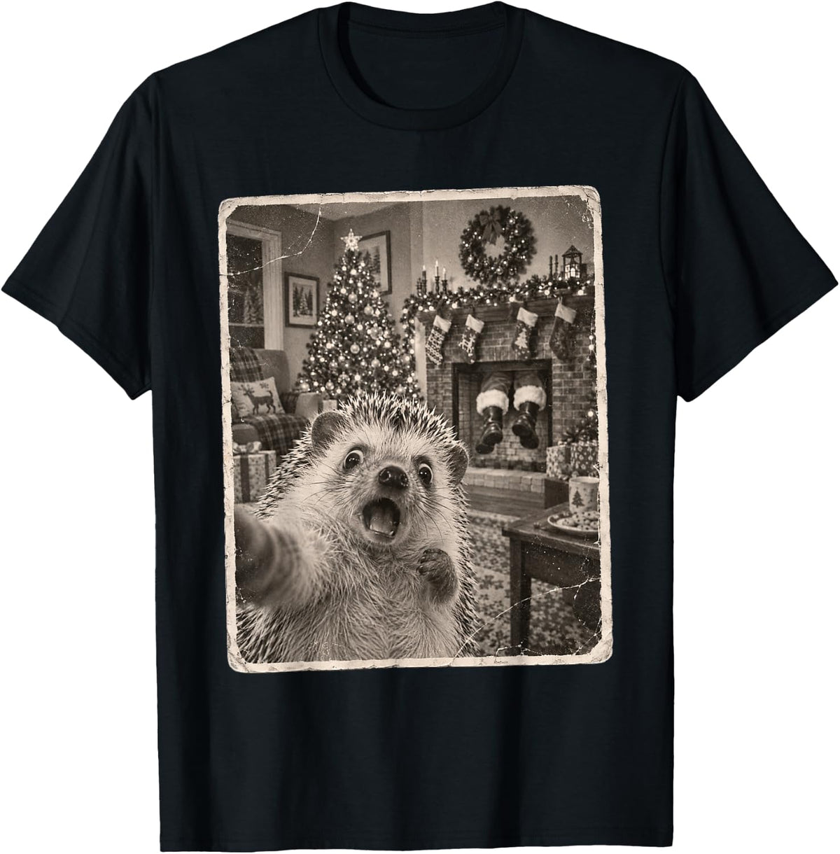 Christmas Santa Claus Funny Selfie Hedgehog T-Shirt - Black