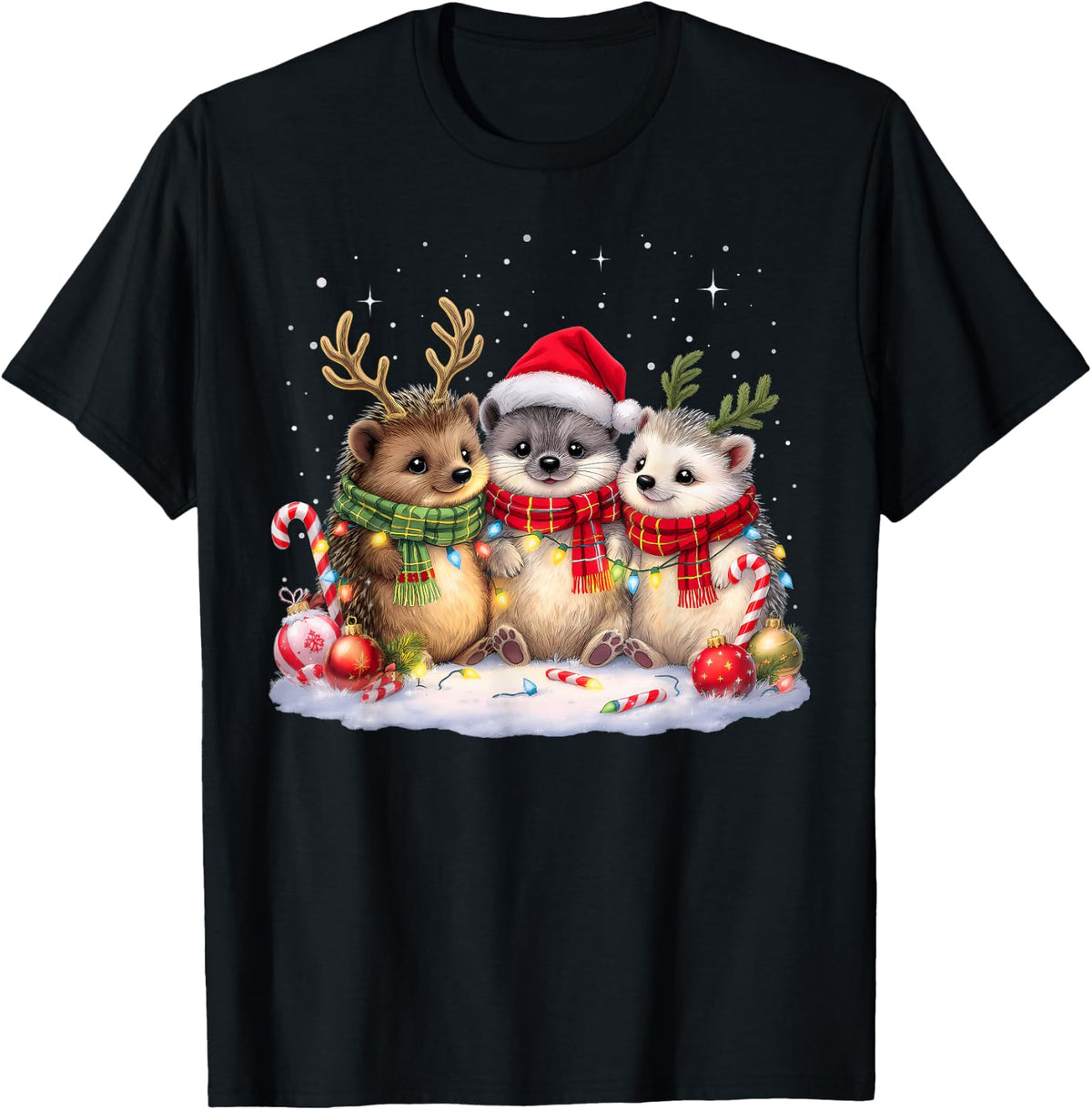 Funny Christmas T-Shirt Hedgehogs Santa Lights Cute Xmas Holiday Tees - Black