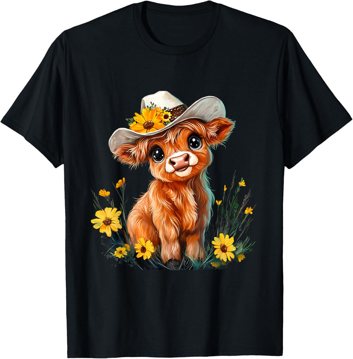 Cute Highland Cow Scottish Hairy Cattle Floral T-Shirt Tee for Women Men - Black