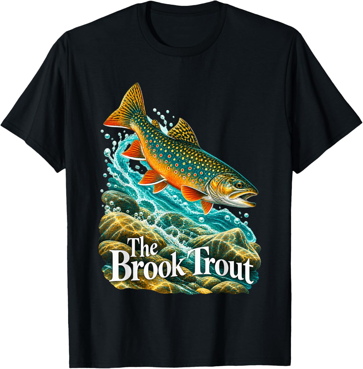 The Brook Trout Leaping Fish in Stream T-Shirt - Black