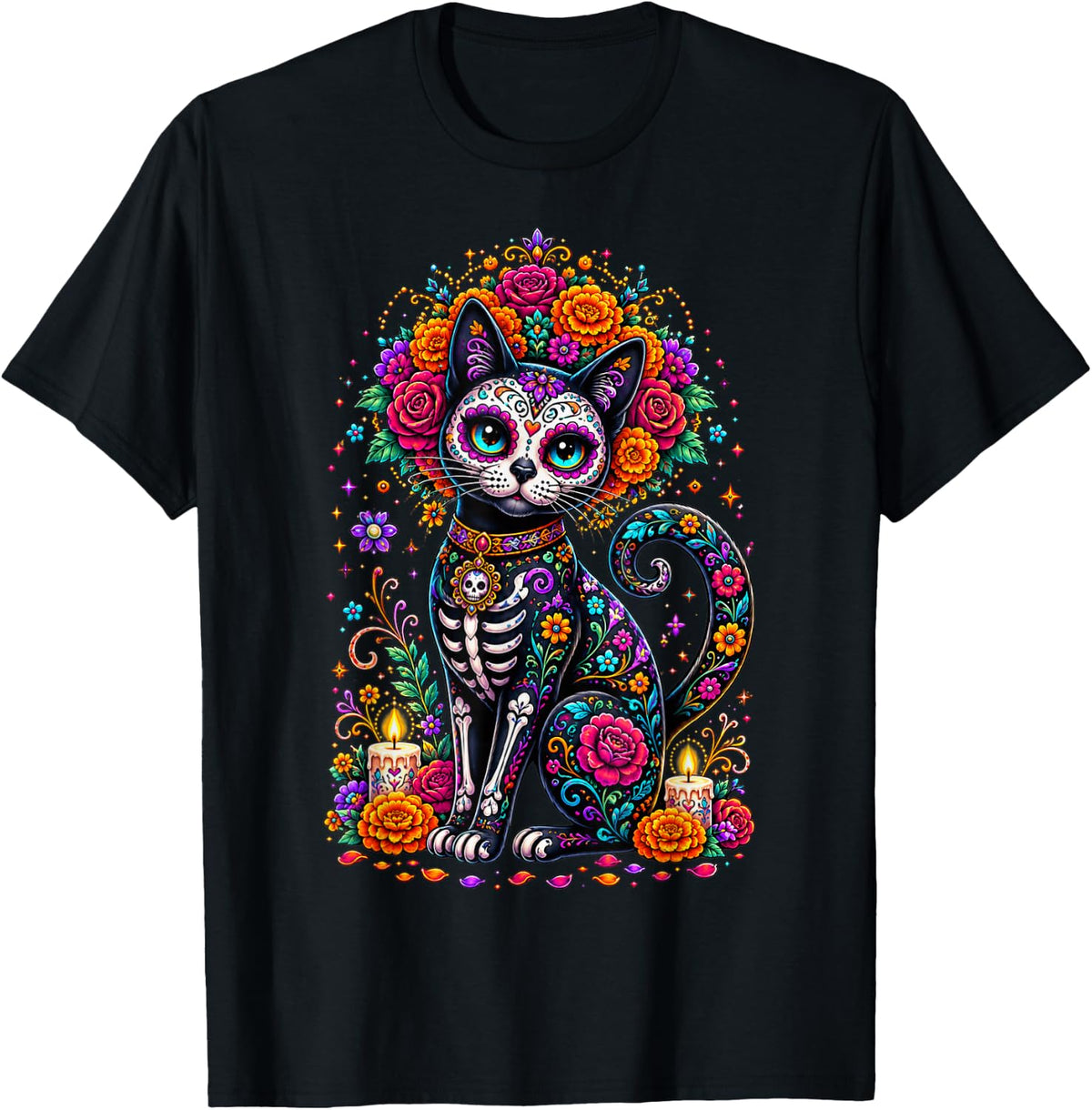 Dia De Los Muertos Cinco De Mayo Cat Sugar Skull Men Women T-Shirt - Black