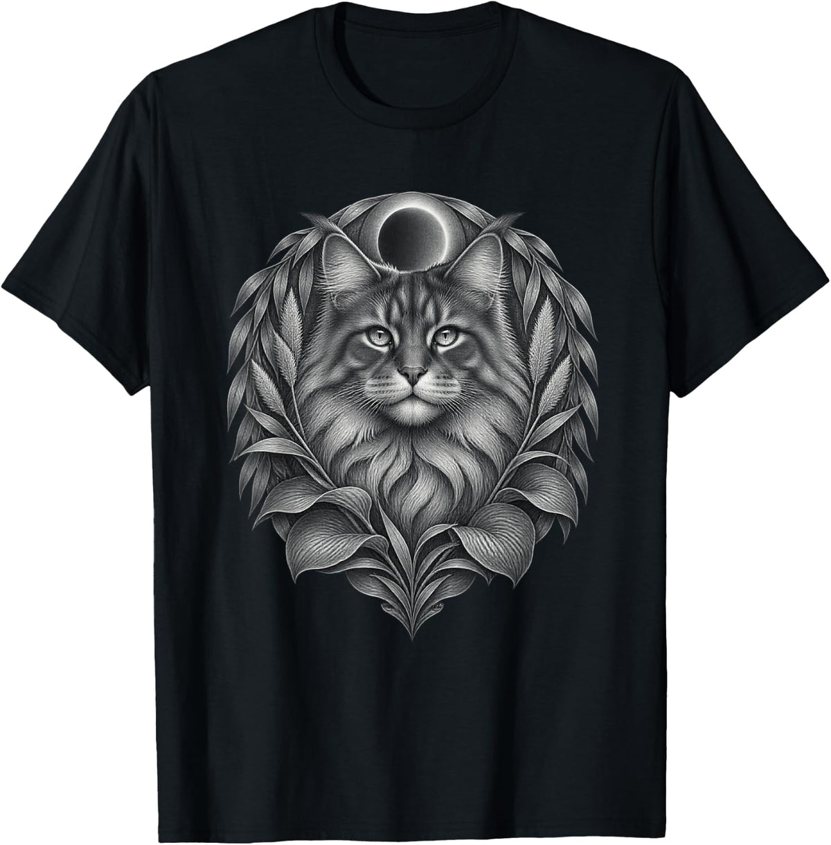 Norwegian Forest Cat with Monochrome Leaves and Eclipse T-Shirt - Black