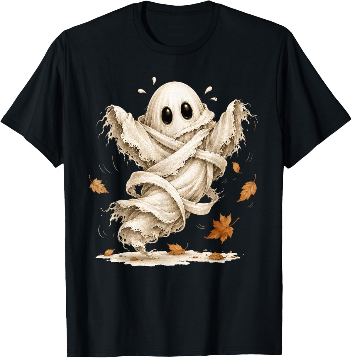 Cute Ghost Autumn Leaves Spooky Halloween Spirit T-Shirt - Black